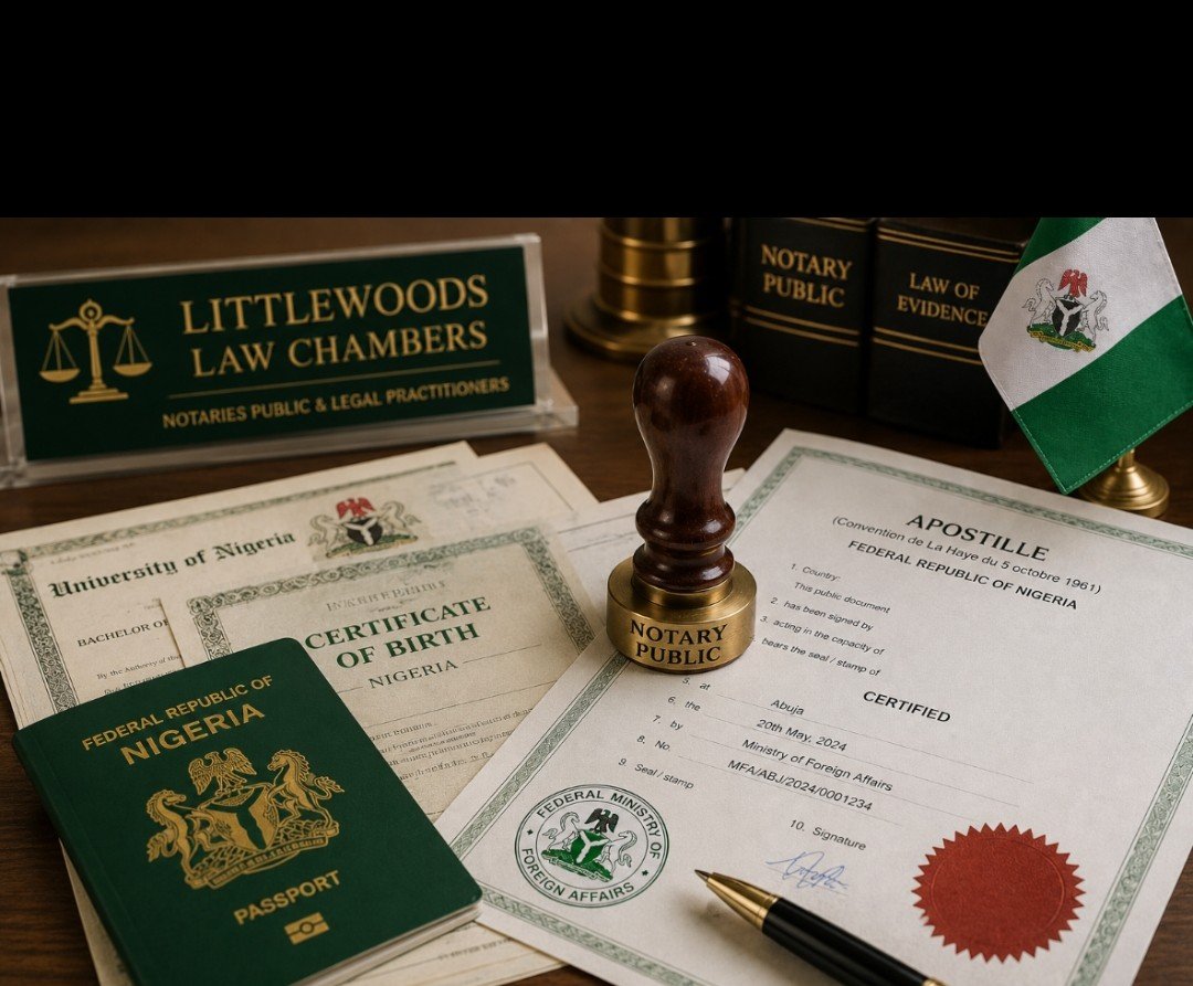 Apostille certification documents, Nigerian passport, and notary public seal used for international document authentication under the Hague Convention.