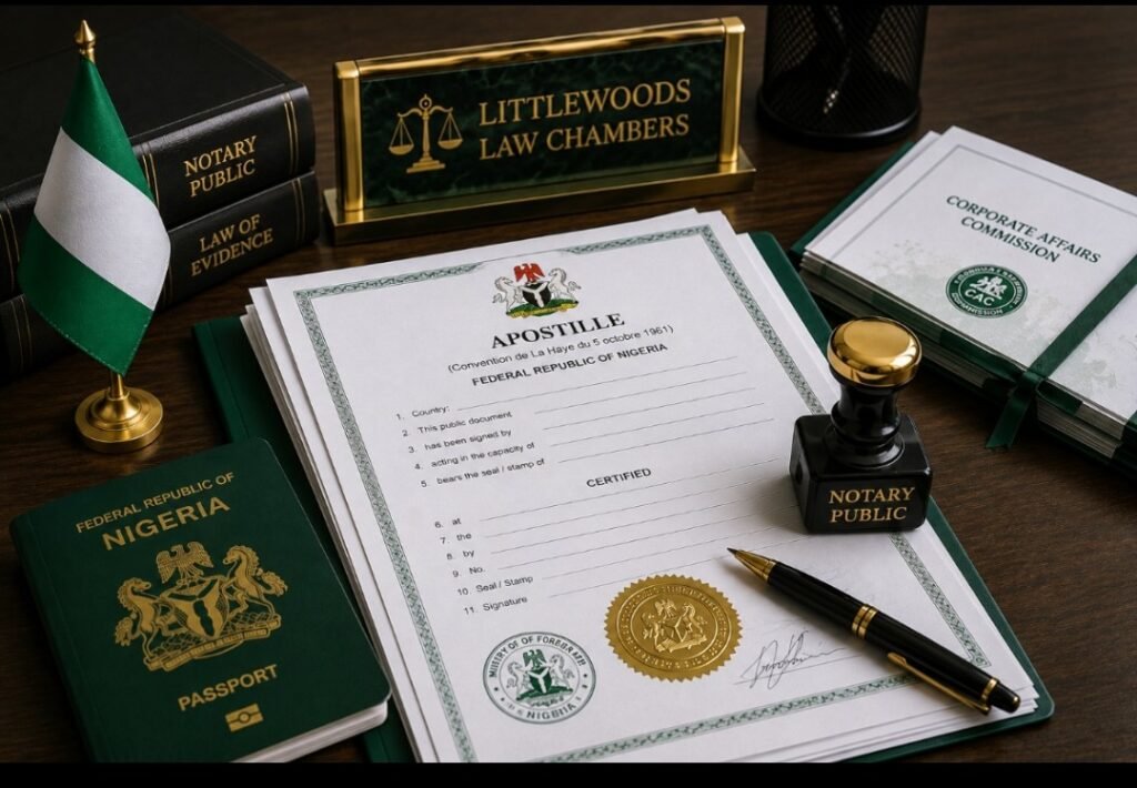 Apostille certification documents, Nigerian passport, and notary public seal used for international document authentication under the Hague Convention.